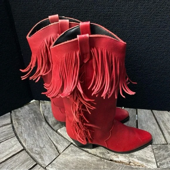 OAK TREE FARMS Red fringe western cowboy boots. Size 5. - Picture 2 of 7